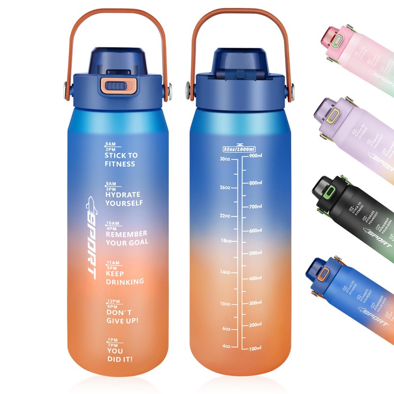 Gulex Motivational Water Bottle 32oz with Time Marker- Leakproof & BPA Free Sports Water Bottle with Straw & Carry Strap for Gym, Travel and Outdoor Sports (Blue/Orange Gradient) - Image 1
