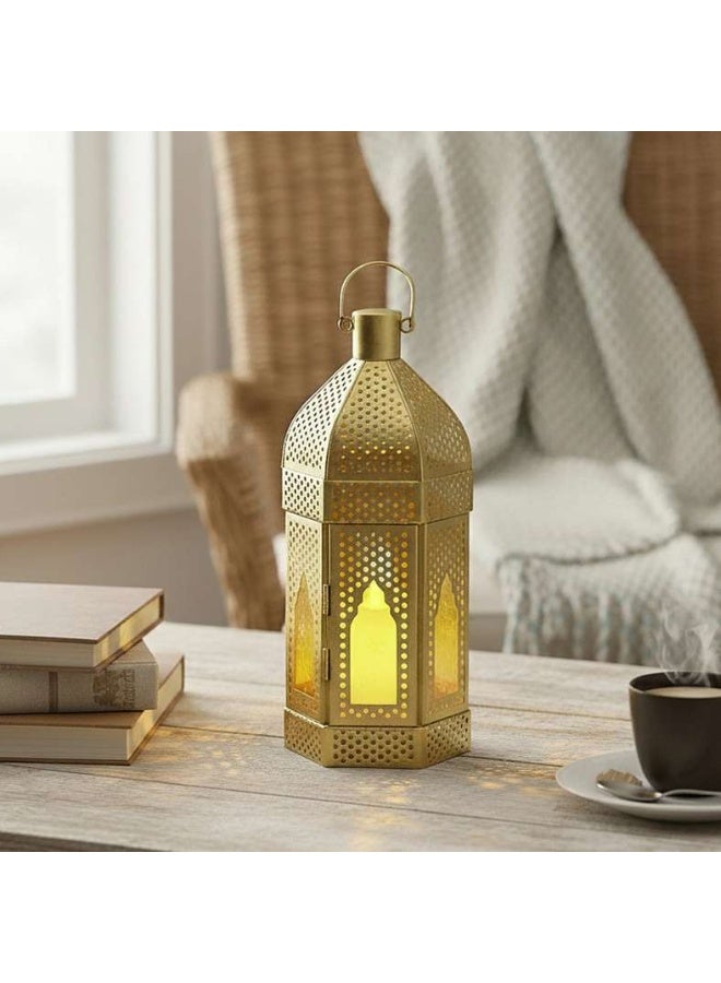 Pan Home فانوس معدني ذهبي مع زجاج أصفر - Image 1