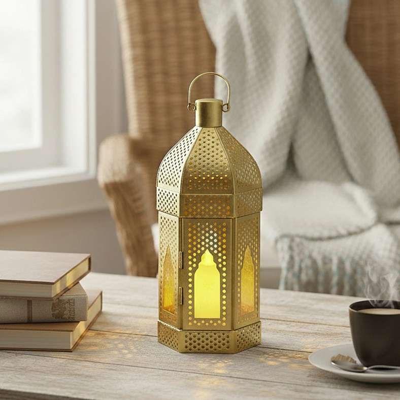 Pan Home Leda Metal Lantern with Yellow Glass 9x7.5x20cm - Gold - 112EEP9900050 - Image 1