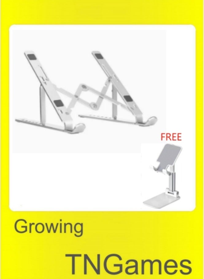 TNGames 7-Level Adjustable Aluminum Alloy Foldable Laptop Stand Silver +Gift Mobile  Holderc - Image 1