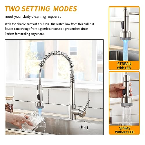 OWOFAN LED Light Kitchen Faucet with Pull Down Sprayer Sus304 Stainless Steel Industrial Single Handle Faucet for Farmhouse Camper Laundry Utility Rv Wet Bar Sinks Brushed Nickel 9003SN - Image 4