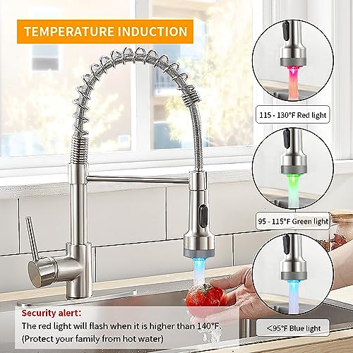 OWOFAN LED Light Kitchen Faucet with Pull Down Sprayer Sus304 Stainless Steel Industrial Single Handle Faucet for Farmhouse Camper Laundry Utility Rv Wet Bar Sinks Brushed Nickel 9003SN - Image 2