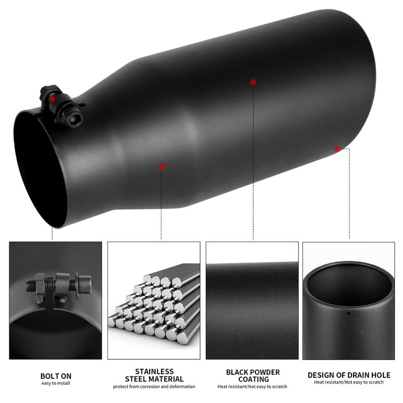 Richeer 3.5 inch Exhaust Tip, 3 1/2" Inlet 5â€ Outlet 12â€ Overall Length Stainless Steel Exhaust Tip Black Universal for Vehicles with 3.5" O.D. Exhaust Tailpipe, Rolled Edge, Bolt on - Image 3