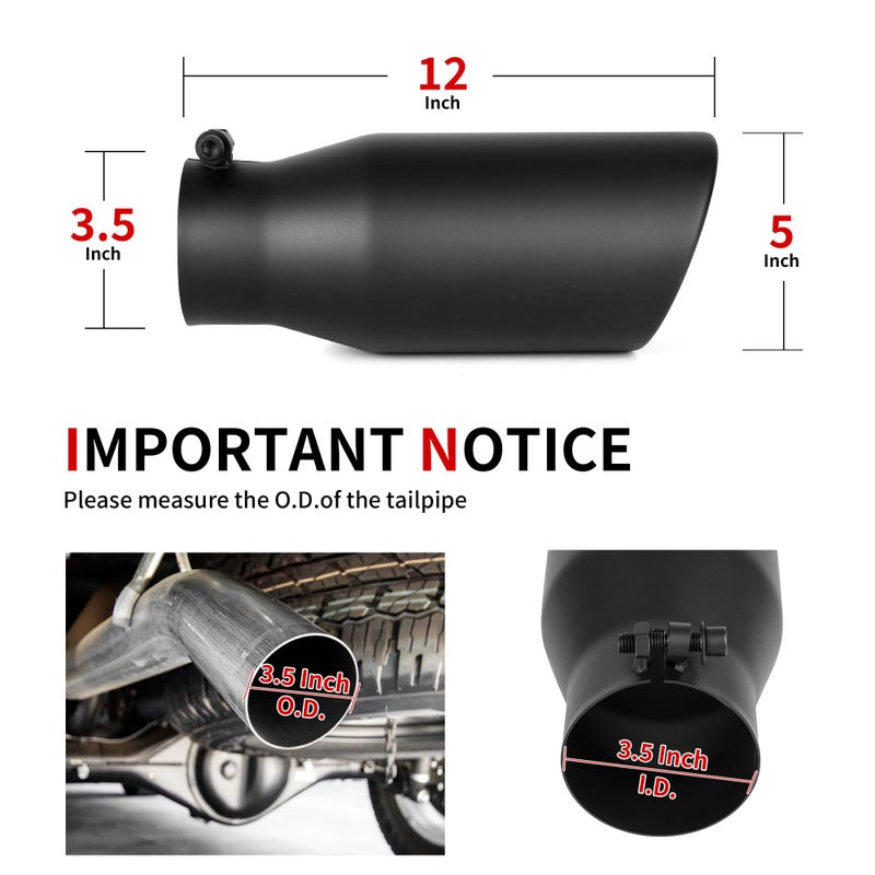 Richeer 3.5 inch Exhaust Tip, 3 1/2" Inlet 5â€ Outlet 12â€ Overall Length Stainless Steel Exhaust Tip Black Universal for Vehicles with 3.5" O.D. Exhaust Tailpipe, Rolled Edge, Bolt on - Image 2