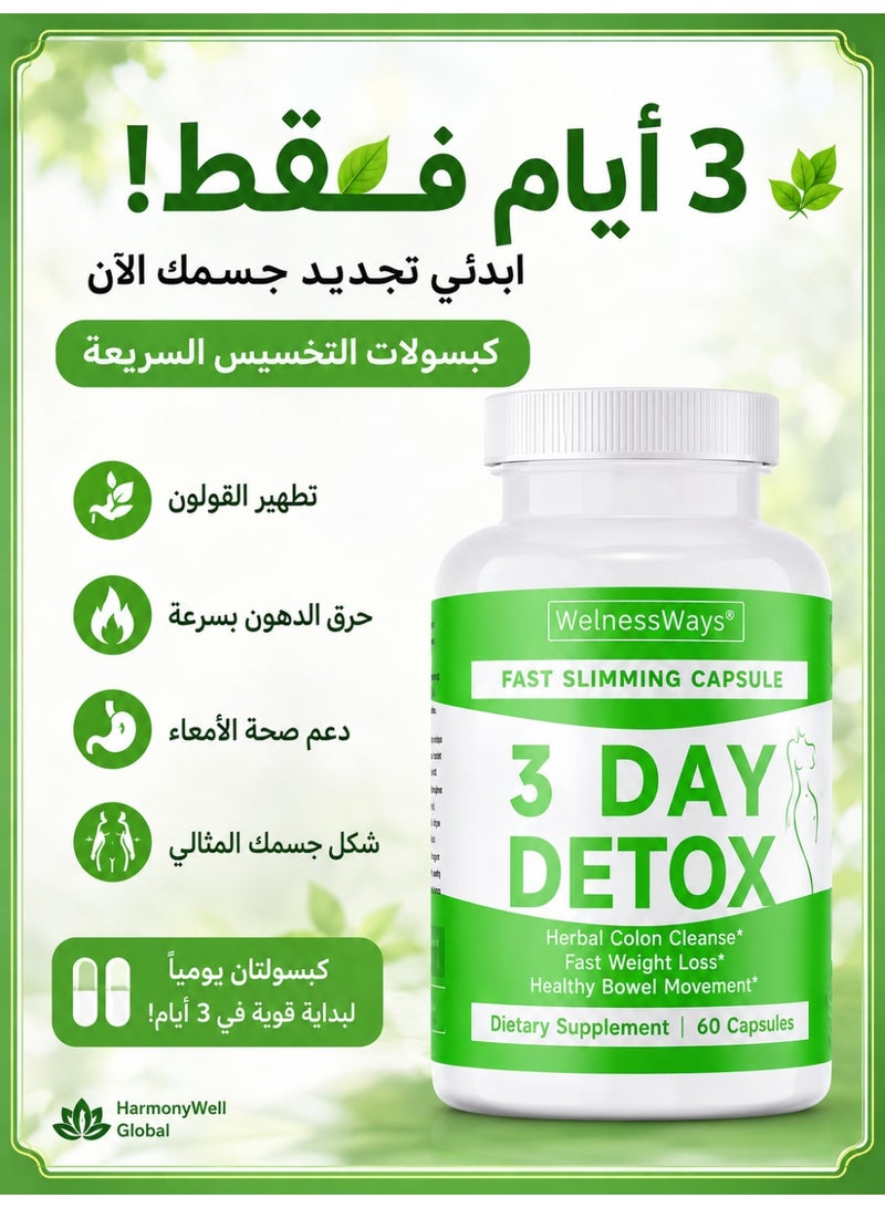 WelnessWays 3-Day Fast-Acting Detox & Slimming Capsules | Herbal Colon Cleanse + Rapid Fat Burning | 60 Capsules Dietary Supplement - Image 1