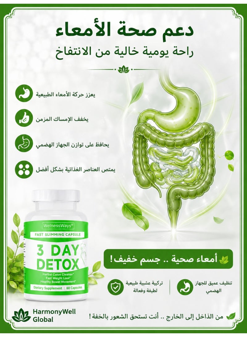 WelnessWays 3-Day Fast-Acting Detox & Slimming Capsules | Herbal Colon Cleanse + Rapid Fat Burning | 60 Capsules Dietary Supplement - Image 2