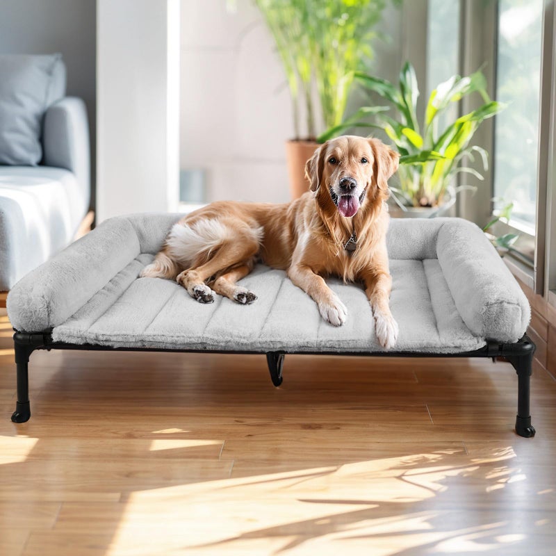 Veehoo Orthopedic Elevated Dog Bed with Fluffy Plush Bolster Cushion, Indoor Raised Dog Beds for Large Dogs, Soft Pet Sofa Cot with Removable Washable Mat, No-Slip Feet, 49 x 33 inches, Grey - Image 1