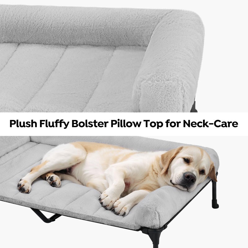 Veehoo Orthopedic Elevated Dog Bed with Fluffy Plush Bolster Cushion, Indoor Raised Dog Beds for Large Dogs, Soft Pet Sofa Cot with Removable Washable Mat, No-Slip Feet, 49 x 33 inches, Grey - Image 2