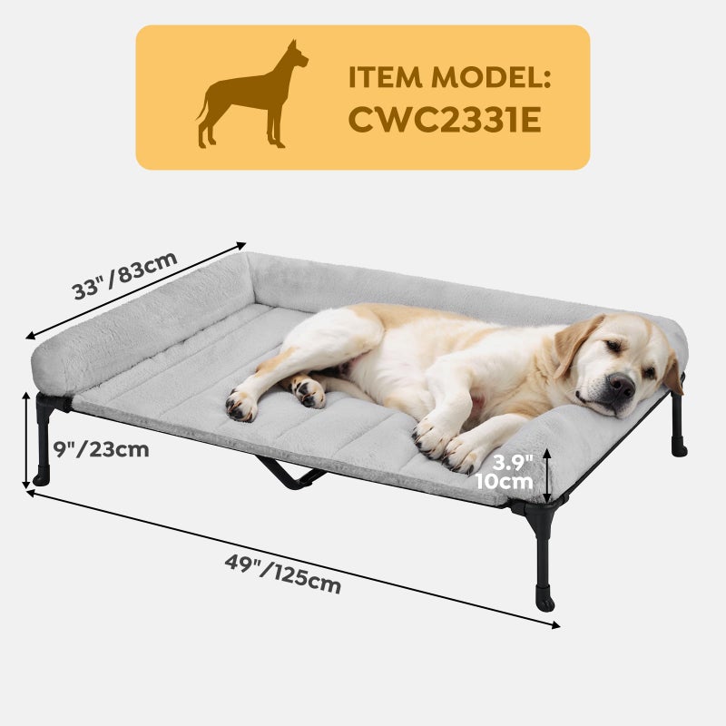 Veehoo Orthopedic Elevated Dog Bed with Fluffy Plush Bolster Cushion, Indoor Raised Dog Beds for Large Dogs, Soft Pet Sofa Cot with Removable Washable Mat, No-Slip Feet, 49 x 33 inches, Grey - Image 3