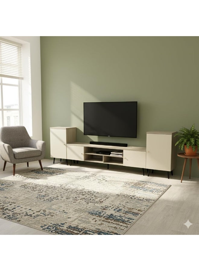 Multi Home Furniture Grey Wooden TV Table – Adjustable Length 160–240 cm | TV Table & Media Console with Storage Cabinets, Open Shelves & Sturdy Metal Legs | Living Room TV Stand Table - Image 3