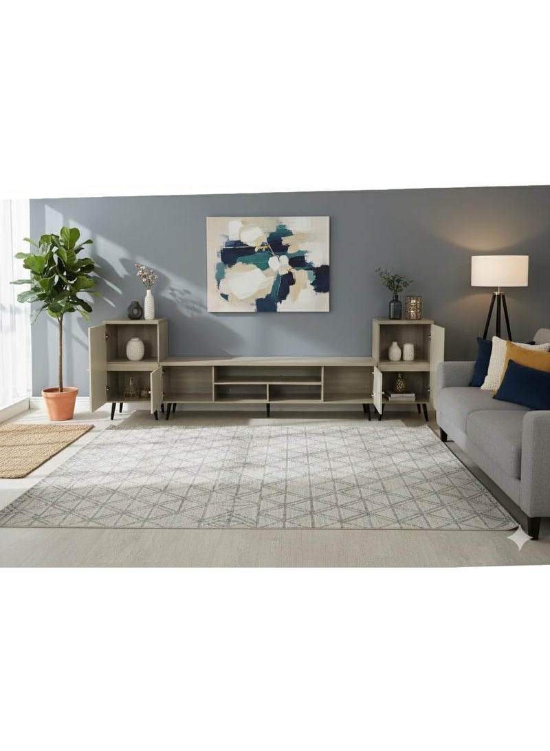 Multi Home Furniture Grey Wooden TV Table – Adjustable Length 160–240 cm | TV Table & Media Console with Storage Cabinets, Open Shelves & Sturdy Metal Legs | Living Room TV Stand Table - Image 2