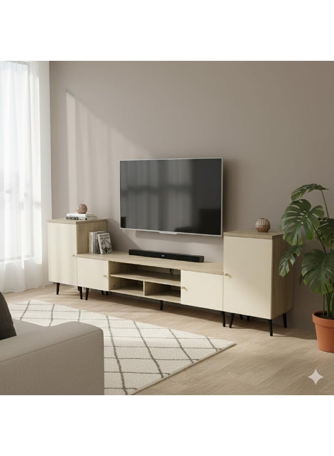 Multi Home Furniture Grey Wooden TV Table – Adjustable Length 160–240 cm | TV Table & Media Console with Storage Cabinets, Open Shelves & Sturdy Metal Legs | Living Room TV Stand Table - Image 1