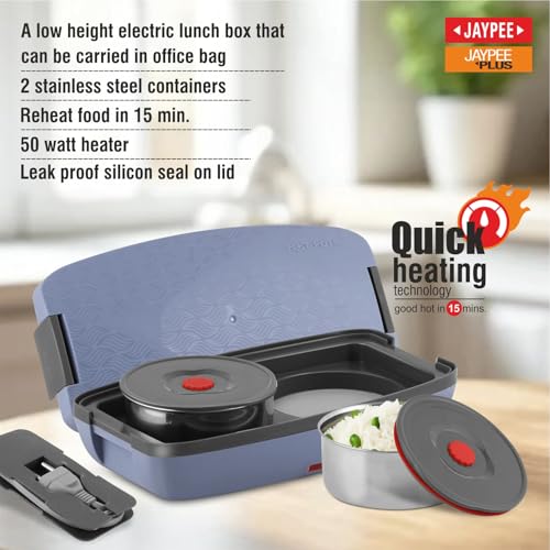 Jaypee Plus Hotpot Electric Lunch Box with 2 Removable Stainless Steel Containers 250 ml x2 with Power Cord |Air Vent on Lid |Leakproof Silicon Seal|LED Indicator |Shockproof | Velly Blue - Image 5