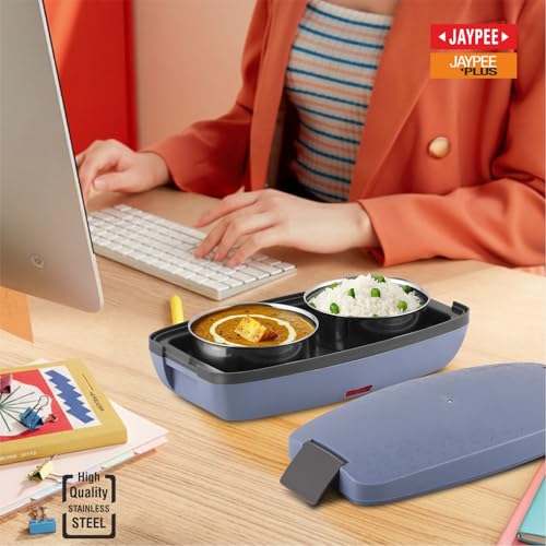Jaypee Plus Hotpot Electric Lunch Box with 2 Removable Stainless Steel Containers 250 ml x2 with Power Cord |Air Vent on Lid |Leakproof Silicon Seal|LED Indicator |Shockproof | Velly Blue - Image 2
