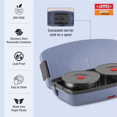 Jaypee Plus Hotpot Electric Lunch Box with 2 Removable Stainless Steel Containers 250 ml x2 with Power Cord |Air Vent on Lid |Leakproof Silicon Seal|LED Indicator |Shockproof | Velly Blue - Image 3