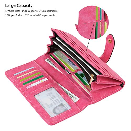 Cynure Women's Vegan Leather 17 Card Slots Card Holder Long Big Bifold Wallet,Rose - Image 2