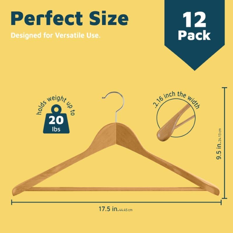 Lifemaster Solid Wooden Hanger Set - 12 Pieces Non-Slip Versatile Closet Space-Saving Hanger Set for Suit, Coat, Camisole, Jacket, Pants, and Dresses with 360Â° Swivel Hook - Image 2