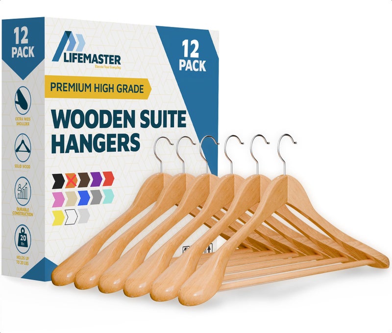 Lifemaster Solid Wooden Hanger Set - 12 Pieces Non-Slip Versatile Closet Space-Saving Hanger Set for Suit, Coat, Camisole, Jacket, Pants, and Dresses with 360Â° Swivel Hook - Image 1
