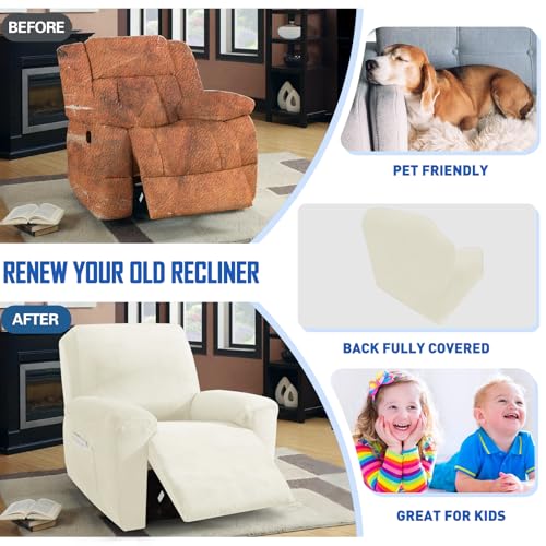 MAXIJIN Velvet 4 Piece Recliner Cover Stretch Plush Soft Cover for Recliner Chair Thick Soft Recliner Chair Slipcover Separate Chair Cover for Recliner with Side Pocket (Beige) - Image 5