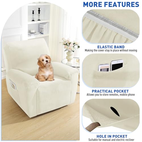 MAXIJIN Velvet 4 Piece Recliner Cover Stretch Plush Soft Cover for Recliner Chair Thick Soft Recliner Chair Slipcover Separate Chair Cover for Recliner with Side Pocket (Beige) - Image 3