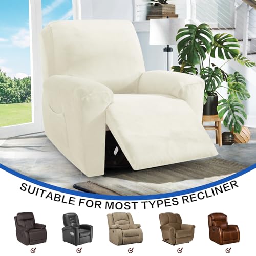 MAXIJIN Velvet 4 Piece Recliner Cover Stretch Plush Soft Cover for Recliner Chair Thick Soft Recliner Chair Slipcover Separate Chair Cover for Recliner with Side Pocket (Beige) - Image 2