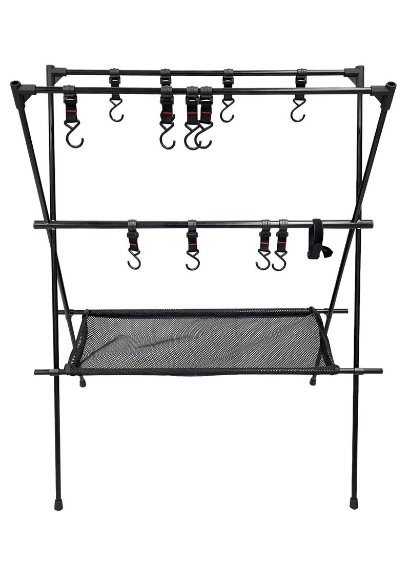 VUCATIN - Camping Hanging Rack Cookware Hanging Rack with Under Net Bag Hanging Organizer Stand Support Bracket & Hooks Portable Campsite Storage Rack for Fire Pit Outdoor BBQ Picnic - Image 1