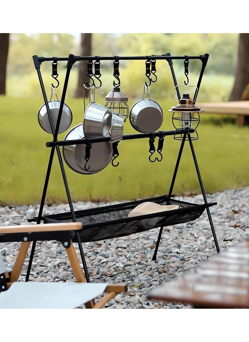 VUCATIN - Camping Hanging Rack Cookware Hanging Rack with Under Net Bag Hanging Organizer Stand Support Bracket & Hooks Portable Campsite Storage Rack for Fire Pit Outdoor BBQ Picnic - Image 1
