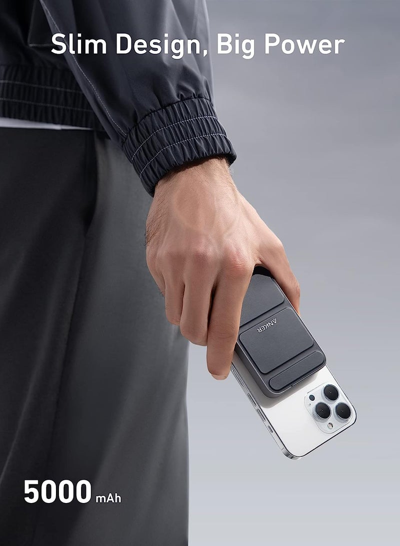 باور بانك بقدرة 5000 مللي أمبير في الساعة، وبطارية ماجو 622 مغناطيسية، وشاحن محمول لاسلكي مغناطيسي قابل للطي ومنفذ USB-C لهواتف iPhone 15/15 Plus/15 Pro/15 Pro Max وiPhone 14/13 Series أسود - Image 4