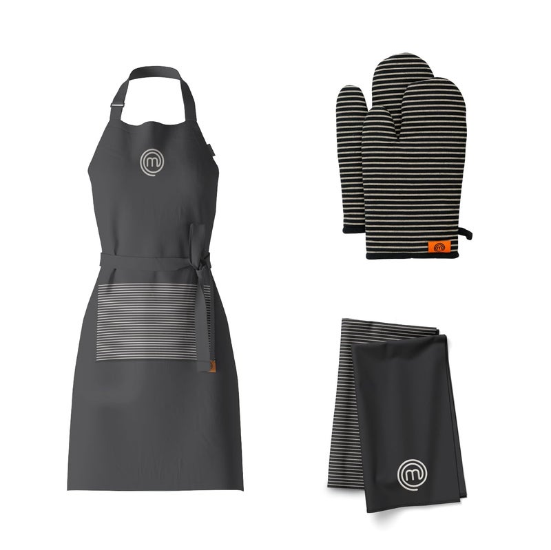 MasterChef Kitchen Set of Cooking Gifts for Men & Women  5pc Set includes Chef Apron  Pair of Oven Mitts & 2 x Kitchen Towels  Premium Quality Cotton with Official Logo  Elite Black - Image 1