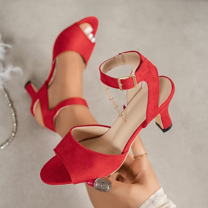 and High-Heeled Sandals for Women 2026 Spring and Summer New Style Thick Heel Buckle Large Size Foreign Trade Suede Fashion Sandals - Image 2