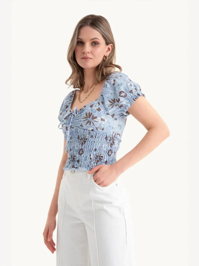 HICCUP Floral Sweetheart Neck Smocked Top with a Puff Sleeve