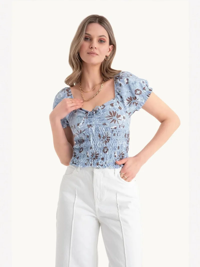 HICCUP Floral Sweetheart Neck Smocked Top with a Puff Sleeve