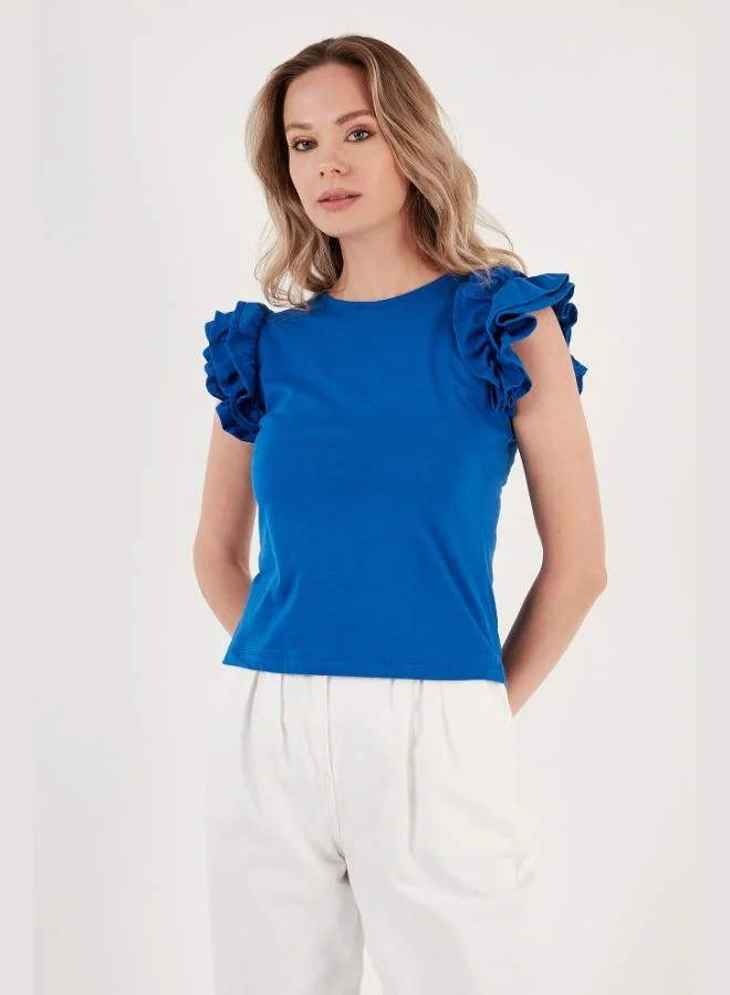 Lela  Lela Cotton Slim Fit Crew Neck T-Shirt with Ruffled Sleeves Women's T-Shirt 5864500 for Women | Best Price UAE