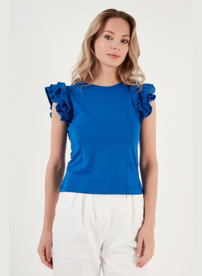 Lela Lela Cotton Slim Fit Crew Neck T-Shirt with Ruffled Sleeves Women's T-Shirt 5864500