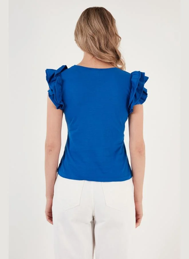 Lela  Lela Cotton Slim Fit Crew Neck T-Shirt with Ruffled Sleeves Women's T-Shirt 5864500 for Women | Best Price UAE