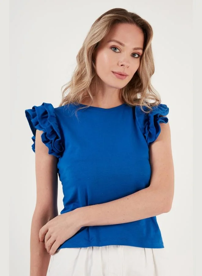 Lela  Lela Cotton Slim Fit Crew Neck T-Shirt with Ruffled Sleeves Women's T-Shirt 5864500 for Women | Best Price UAE