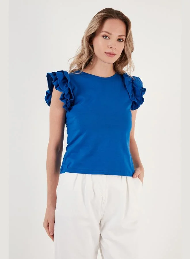 Lela  Lela Cotton Slim Fit Crew Neck T-Shirt with Ruffled Sleeves Women's T-Shirt 5864500 for Women | Best Price UAE