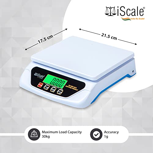 iScale Digital Kitchen and Multipurpose Weighing Machine Capacity upto 30Kg with Direct Power Adapter, best suitable for 5-10kg weighing; Small Pan Size 21.5 x 17.5 cm (Not legal for commercial use) - Image 2
