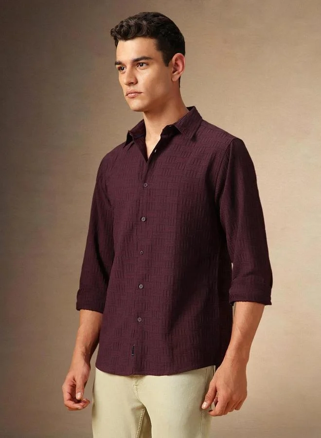 Dennis Lingo Men Maroon Textured Spread Collar Shirt