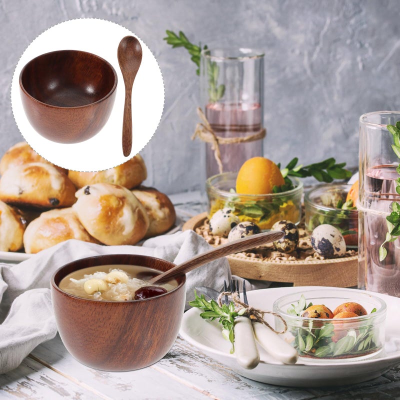 Wooden Serving Bowl And Spoon Set Compact Reusable Dinnerware For Home Restaurant Hotel - Image 3