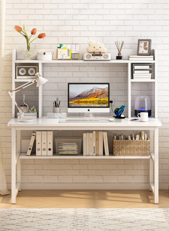 Harlan Computer Desk with Bookshelves, Study Table for Students, Office Desk with Storage Rack, Minimalist White Desk for Home Office Desk - Image 2