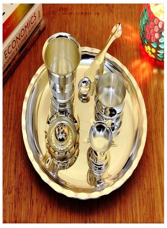 NOBILITY Silver Plated Subh Labh Pooja Thali Set 8 Inch for Mandir Temple Festival Ethnic Puja Thali Gift for Diwali Home Office Wedding Return Gift Items - Image 1