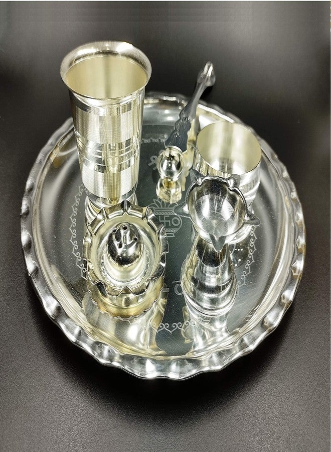 NOBILITY Silver Plated Subh Labh Pooja Thali Set 8 Inch for Mandir Temple Festival Ethnic Puja Thali Gift for Diwali Home Office Wedding Return Gift Items - Image 4