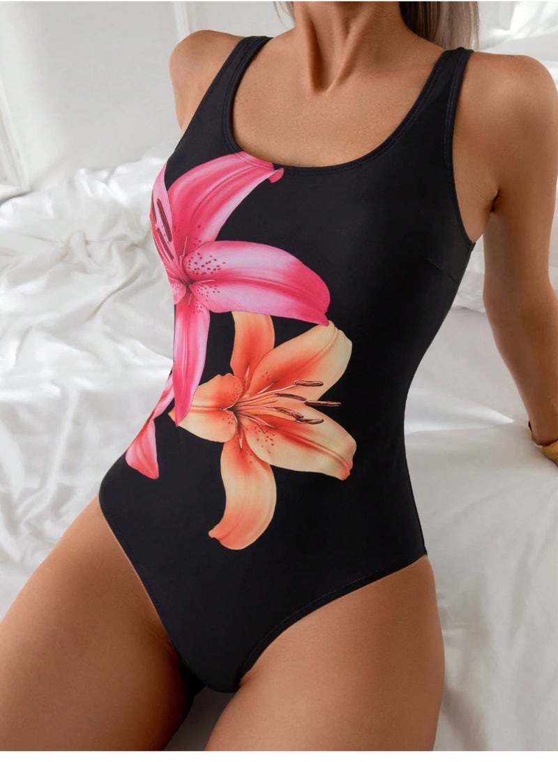 Shein Swim Basics Women's Floral Print Backless One-Piece Swimsuit, Summer One-Piece Bathing Suit - Image 1