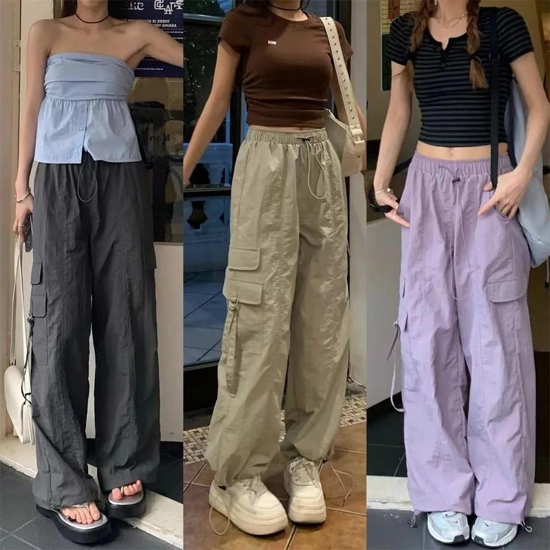 2024 Parachute Overalls Arrival Hong Kong Style Loose Drawstring Wide Leg Pants - Image 3