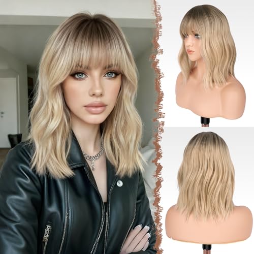 FESHFEN Shoulder Length Wigs with Bangs Ombre Blonde Natural Looking Wavy Medium Length Synthetic Hair Bob Wig for Women Daily Party Use 14 inch - Image 1