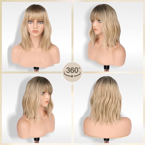 FESHFEN Shoulder Length Wigs with Bangs Ombre Blonde Natural Looking Wavy Medium Length Synthetic Hair Bob Wig for Women Daily Party Use 14 inch - Image 3