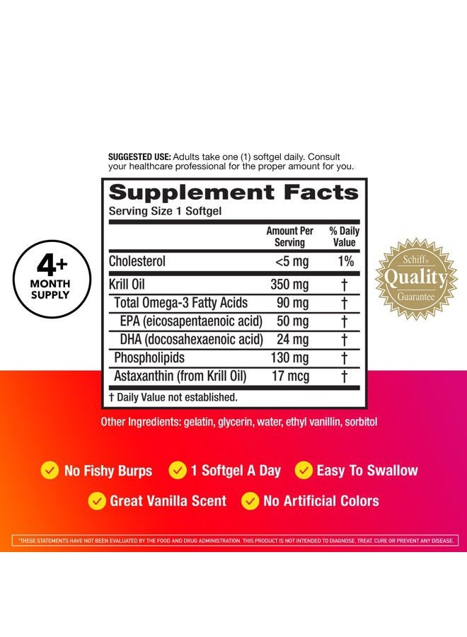 Omega-3 Krill Oil 350mg Softgels (130 Count in A Bottle), EPA & DHA Omega-3 Fatty Acids with No Fishy Aftertaste Unlike Fish Oil, Contains Antioxidant Astaxanthin