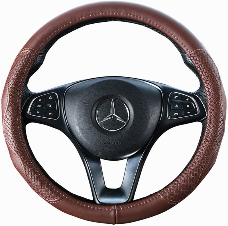 Red Rain Brown Cowhide Steering Wheel Cover - Universal 15.5 Inch - Image 1