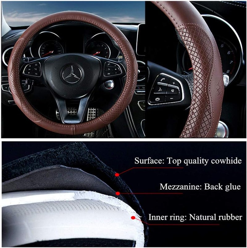 Red Rain Brown Cowhide Steering Wheel Cover - Universal 15.5 Inch - Image 3